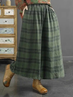 Women Linen Wide-leg Pants -Ada Fashion Women Retro Plaid Spring Linen Wide leg Pants Ada Fashion 177657798