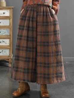 Women Linen Wide-leg Pants -Ada Fashion Women Retro Plaid Spring Linen Wide leg Pants Ada Fashion 177657871