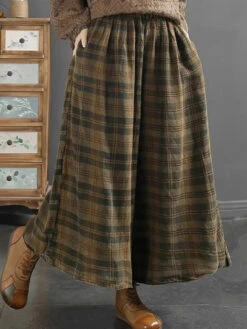 Women Linen Wide-leg Pants -Ada Fashion Women Retro Plaid Spring Linen Wide leg Pants Ada Fashion 177657974