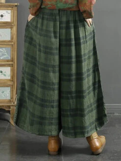 Women Linen Wide-leg Pants -Ada Fashion Women Retro Plaid Spring Linen Wide leg Pants Ada Fashion 177658018