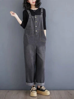 Women Solid Denim Jumpsuits -Ada Fashion Women Spring Vintage Solid Asymmetrical Denim Jumpsuits Ada Fashion 178554113