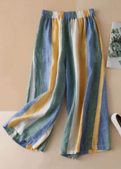 Women Striped Pockets Patchwork Linen Wide Leg Pants Summer LY7137