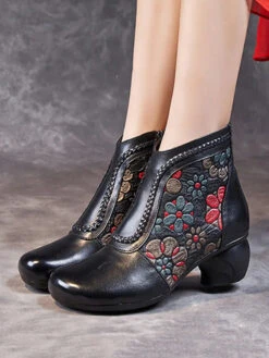 Women Leather Jacquard Ankle Boots