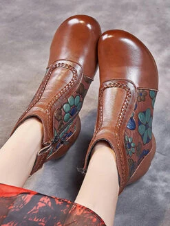 Women Leather Jacquard Ankle Boots -Ada Fashion Women Vintage Leather Flower Jacquard Ankle Boots Ada Fashion 177675149