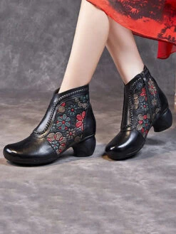 Women Leather Jacquard Ankle Boots -Ada Fashion Women Vintage Leather Flower Jacquard Ankle Boots Ada Fashion 177675253