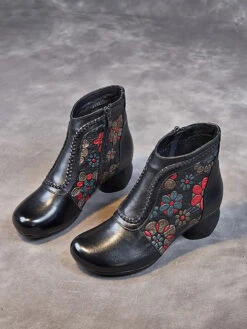 Women Leather Jacquard Ankle Boots -Ada Fashion Women Vintage Leather Flower Jacquard Ankle Boots Ada Fashion 177675558
