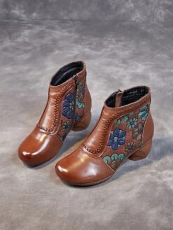 Women Leather Jacquard Ankle Boots -Ada Fashion Women Vintage Leather Flower Jacquard Ankle Boots Ada Fashion 177675611
