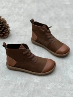 Women Leather Spliced Drawstring Boots -Ada Fashion Women Vintage Leather Spliced Drawstring Ankle Boots Ada Fashion 178567317