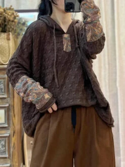 Women Spliced Jacquard Hooded Sweater