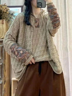 Women Spliced Jacquard Hooded Sweater -Ada Fashion Women Vintage Patch Spliced Jacquard Hooded Sweater Ada Fashion 178107525