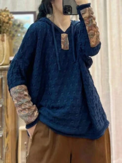 Women Spliced Jacquard Hooded Sweater -Ada Fashion Women Vintage Patch Spliced Jacquard Hooded Sweater Ada Fashion 178107612