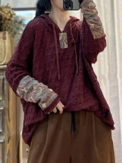 Women Spliced Jacquard Hooded Sweater -Ada Fashion Women Vintage Patch Spliced Jacquard Hooded Sweater Ada Fashion 178107765