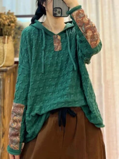 Women Spliced Jacquard Hooded Sweater -Ada Fashion Women Vintage Patch Spliced Jacquard Hooded Sweater Ada Fashion 178107855