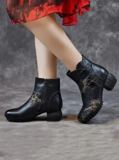 Women Leather Flower Spliced Ankle Boots -Ada Fashion Women Vintage Winter Leather Flower Spliced Ankle Boots Ada Fashion 178012255