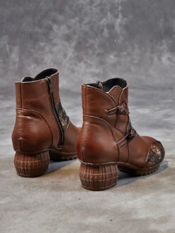 Women Leather Flower Spliced Ankle Boots -Ada Fashion Women Vintage Winter Leather Flower Spliced Ankle Boots Ada Fashion 178012378