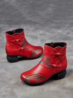 Women Leather Flower Spliced Ankle Boots -Ada Fashion Women Vintage Winter Leather Flower Spliced Ankle Boots Ada Fashion 178012490