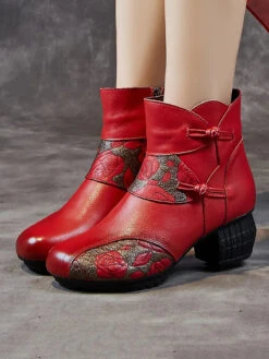 Women Leather Flower Spliced Ankle Boots -Ada Fashion Women Vintage Winter Leather Flower Spliced Ankle Boots Ada Fashion 178012659