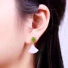 Women White Sterling Silver Inlaid Jade Fan Shaped Drop Earrings LY8560
