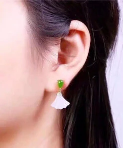 Women White Sterling Silver Inlaid Jade Fan Shaped Drop Earrings LY8560