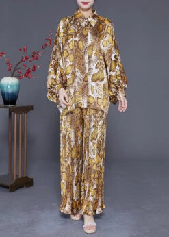 Women Yellow Oversized Print Pleated Chiffon Two Piece Set Spring LY3649