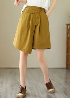 Ada Fashion -Ada Fashion Yellow Asymmetrical Button Wide Leg Shorts2
