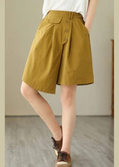 Yellow Asymmetrical Button Wide Leg Shorts LY4973 -Ada Fashion Yellow Asymmetrical Button Wide Leg Shorts3