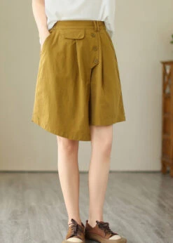 Yellow Asymmetrical Button Wide Leg Shorts LY4973 -Ada Fashion Yellow Asymmetrical Button Wide Leg Shorts4
