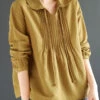 Yellow Lace Up Patchwork Cotton Blouses Peter Pan Collar Fall ML1801