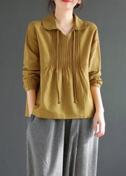 Yellow Lace Up Patchwork Cotton Blouses Peter Pan Collar Fall ML1801 -Ada Fashion Yellow Lace Up Patchwork Cotton Blouses Peter Pan Collar Fall3