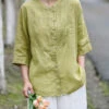 Yellow Patchwork Linen Blouses Button Wrinkled Bracelet Sleeve LY7169 2 Yellow Patchwork Linen Blouses Button Wrinkled Bracelet Sleeve LY7169 -Ada Fashion Yellow Patchwork Linen Blouses Button Wrinkled Bracelet Sleeve1
