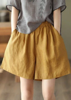 Yellow Pockets Elastic Waist Linen Shorts Summer LY0223