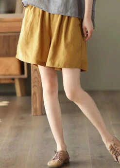 Ada Fashion -Ada Fashion Yellow Pockets Elastic Waist Linen Shorts Summer2