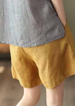 Yellow Pockets Elastic Waist Linen Shorts Summer LY0223 -Ada Fashion Yellow Pockets Elastic Waist Linen Shorts Summer3