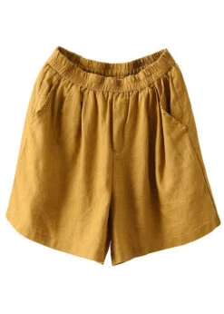 Yellow Pockets Elastic Waist Linen Shorts Summer LY0223 -Ada Fashion Yellow Pockets Elastic Waist Linen Shorts Summer5
