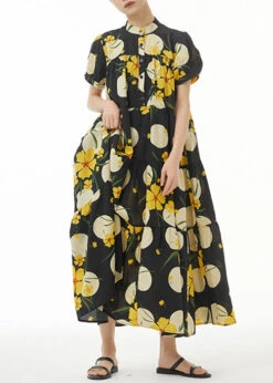 Yellow Print Loose Cotton Dress Stand Collar Summer AA1044