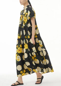 Yellow Print Loose Cotton Dress Stand Collar Summer AA1044 -Ada Fashion Yellow Print Loose Cotton Dress Stand Collar Summer3