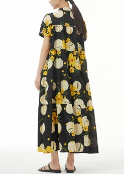 Yellow Print Loose Cotton Dress Stand Collar Summer AA1044 -Ada Fashion Yellow Print Loose Cotton Dress Stand Collar Summer4