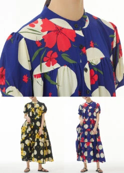 Yellow Print Loose Cotton Dress Stand Collar Summer AA1044 -Ada Fashion Yellow Print Loose Cotton Dress Stand Collar Summer5