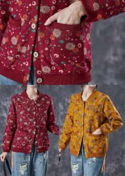 Print Warm Fleece Jacket Pockets -Ada Fashion Yellow Print Warm Fleece Jacket Oversized Pockets Winter Ada Fashion 176555289