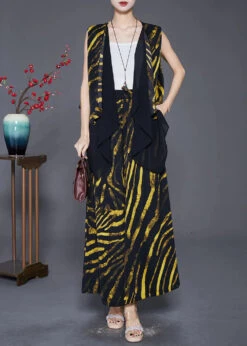 Yellow Striped Cotton Vest And Pants Two-Piece Set Asymmetrical Design Fall ML0320